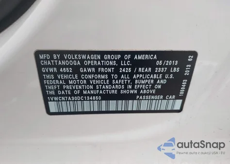 2013 Volkswagen Passat 2.0L Tdi Sel Premium из США, поврежденный, VIN 1VWCN7A30DC134850